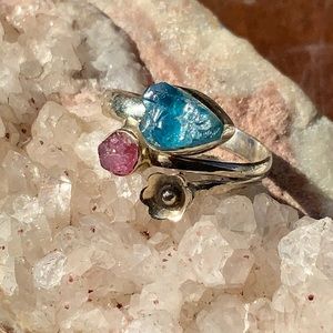 NEON BLUE APATITE & PINK TOURMALINE 925 STERLING SILVER RING, SIZE 7.75